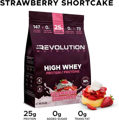 Protein powder package with strawberry shortcake flavor on a white background
