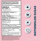 Supplemented food facts label for watermelon sugar on a pink background with health and business certification logos.