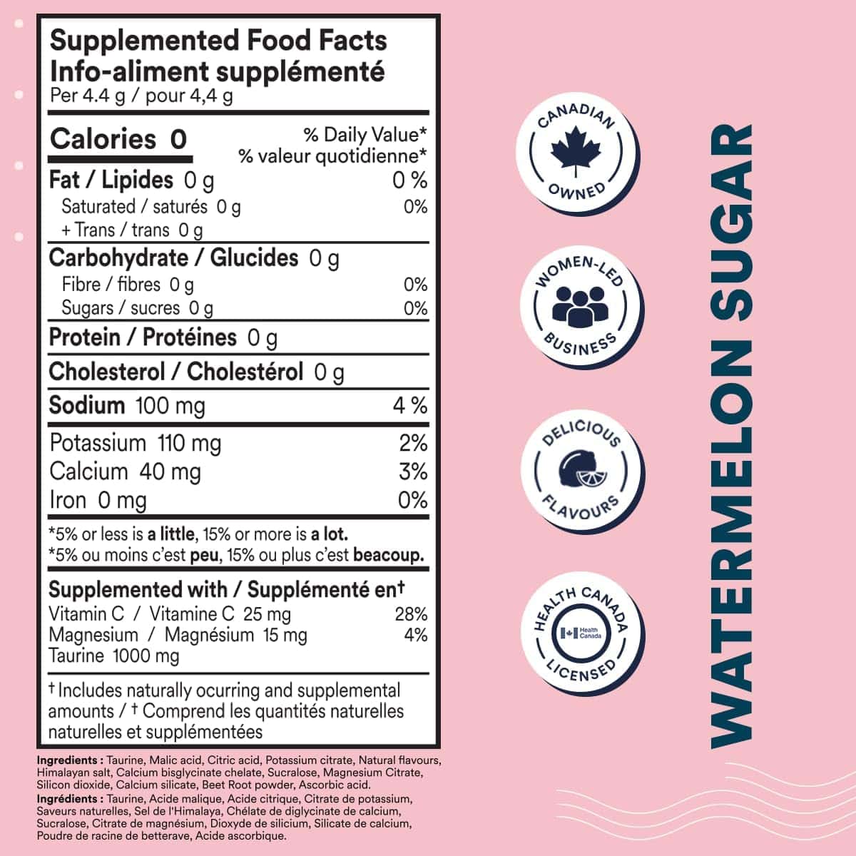 Supplemented food facts label for watermelon sugar on a pink background with health and business certification logos.