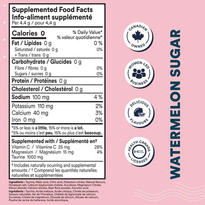 Supplemented food facts label for watermelon sugar on a pink background with health and business certification logos.