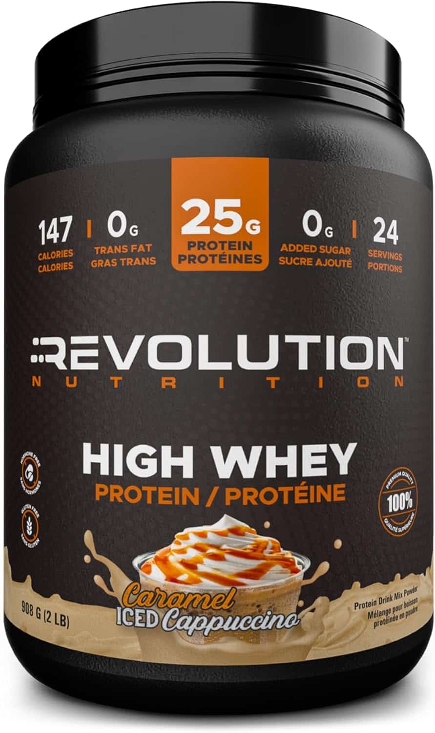 Protein powder container with 'Revolution Nutrition' branding on a black background