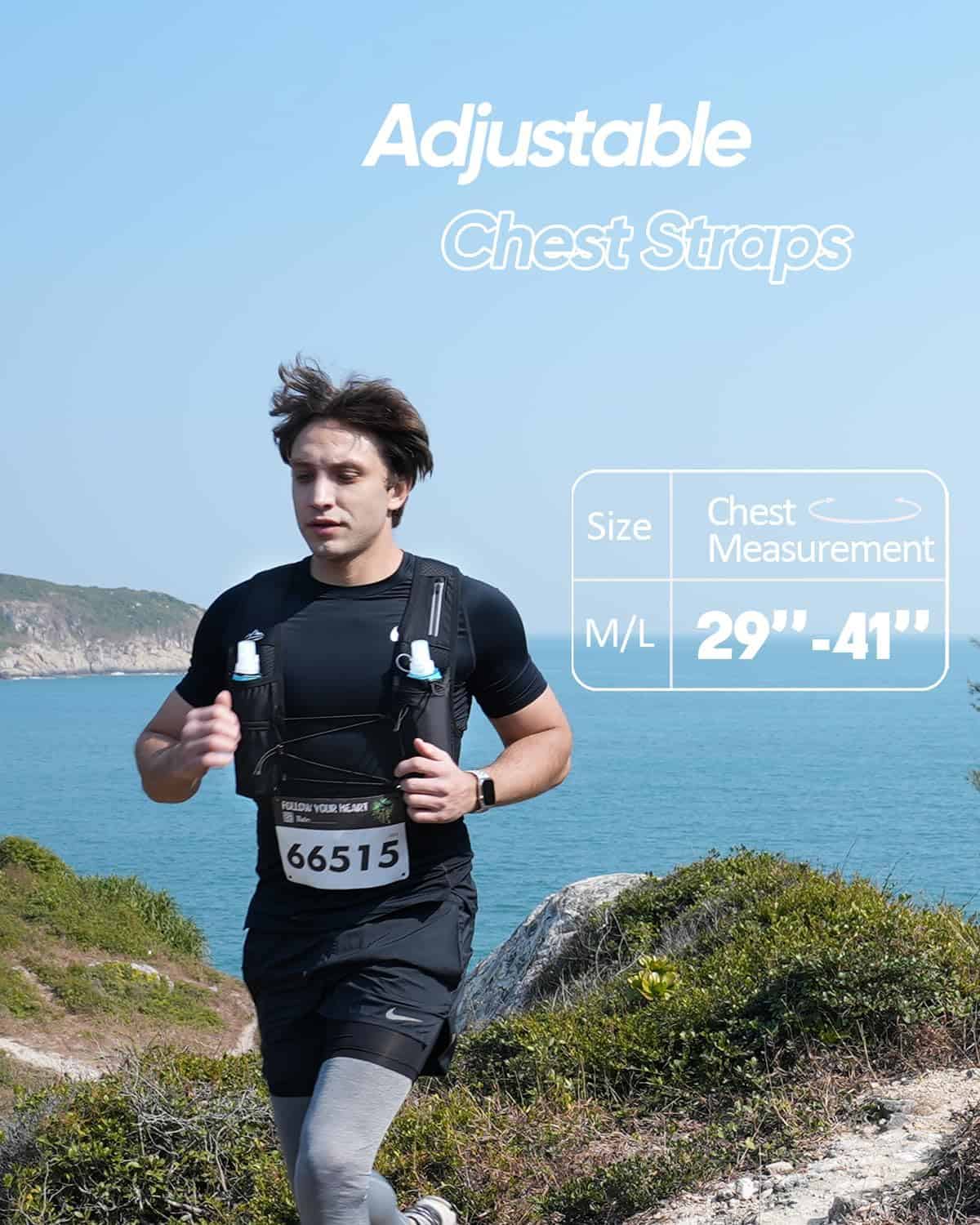 Person running outdoors with adjustable chest straps for race bibs, set against a scenic background.