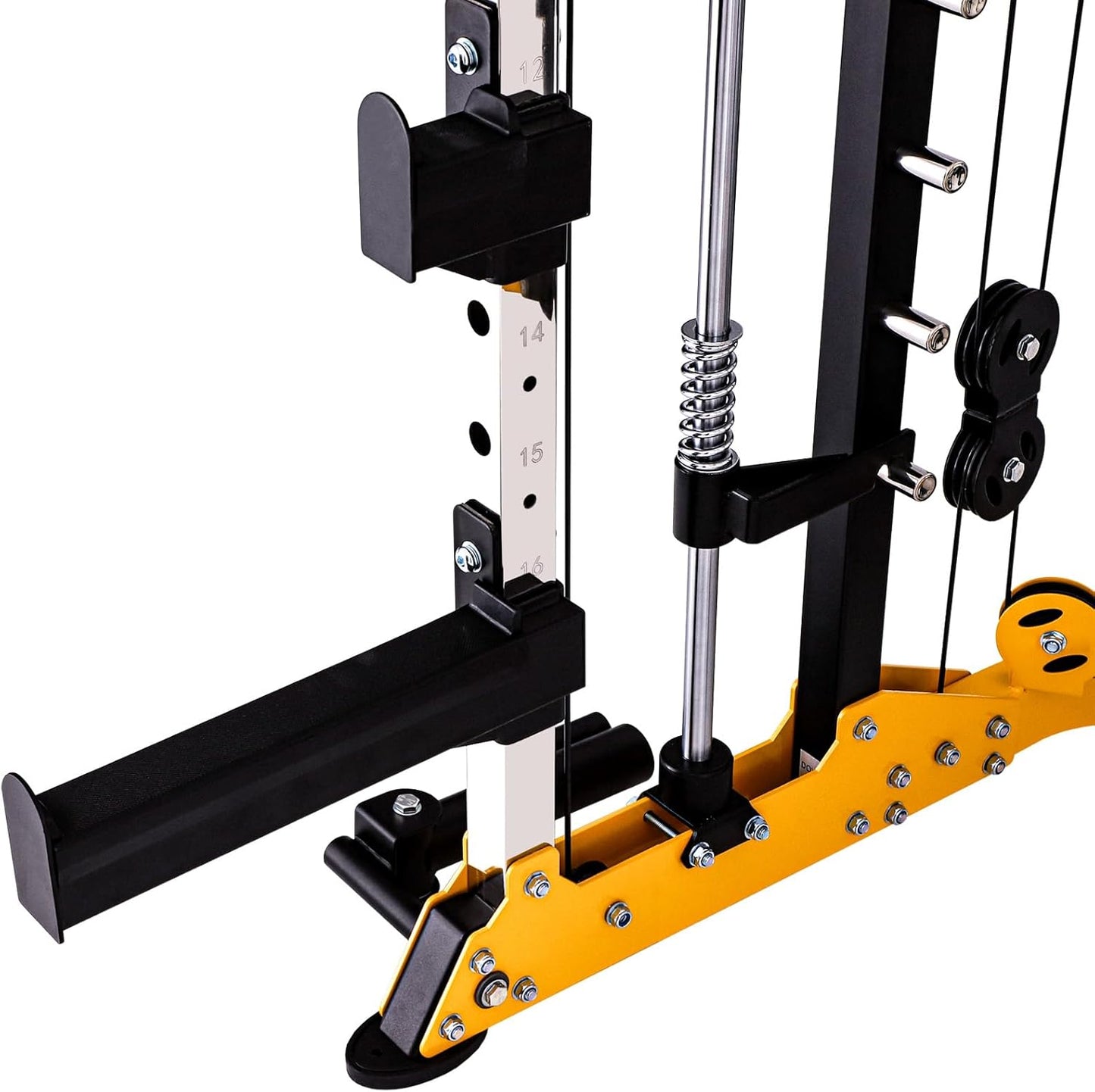 Close-up of a weightlifting machine with yellow and black components on a white background