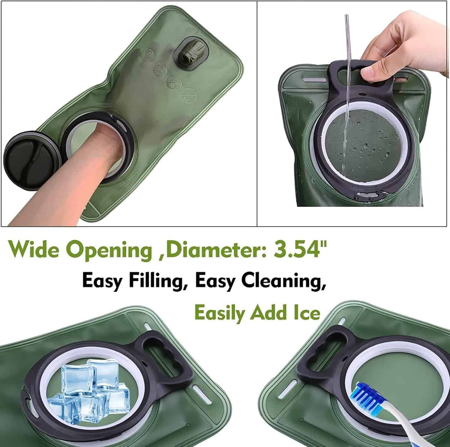 Green water bottle with wide opening, easy filling, cleaning, and ice addition features.