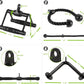 Black metal and rope gym equipment with measurements on a white background