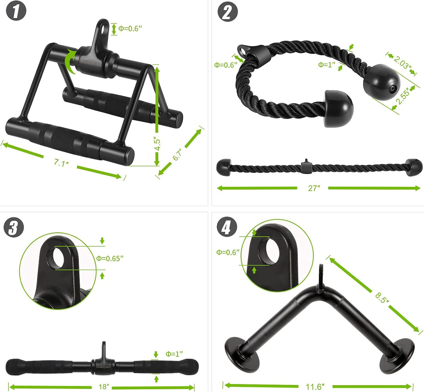 Black metal and rope gym equipment with measurements on a white background