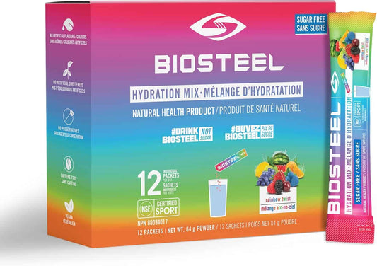 Biosteel hydration mix packaging with colorful design and product details.
