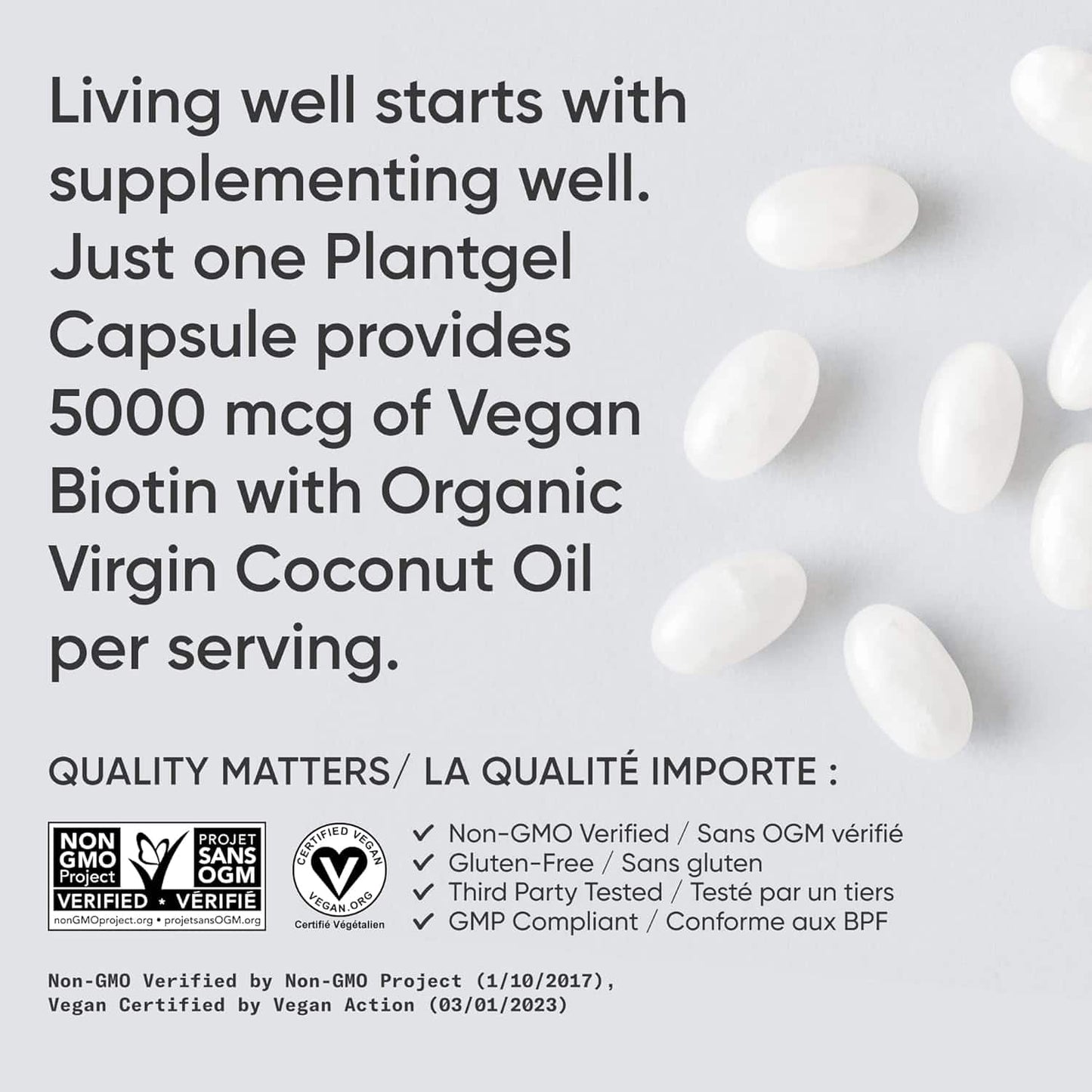 White capsules with text about Plantgel Capsules and their benefits on a light gray background.