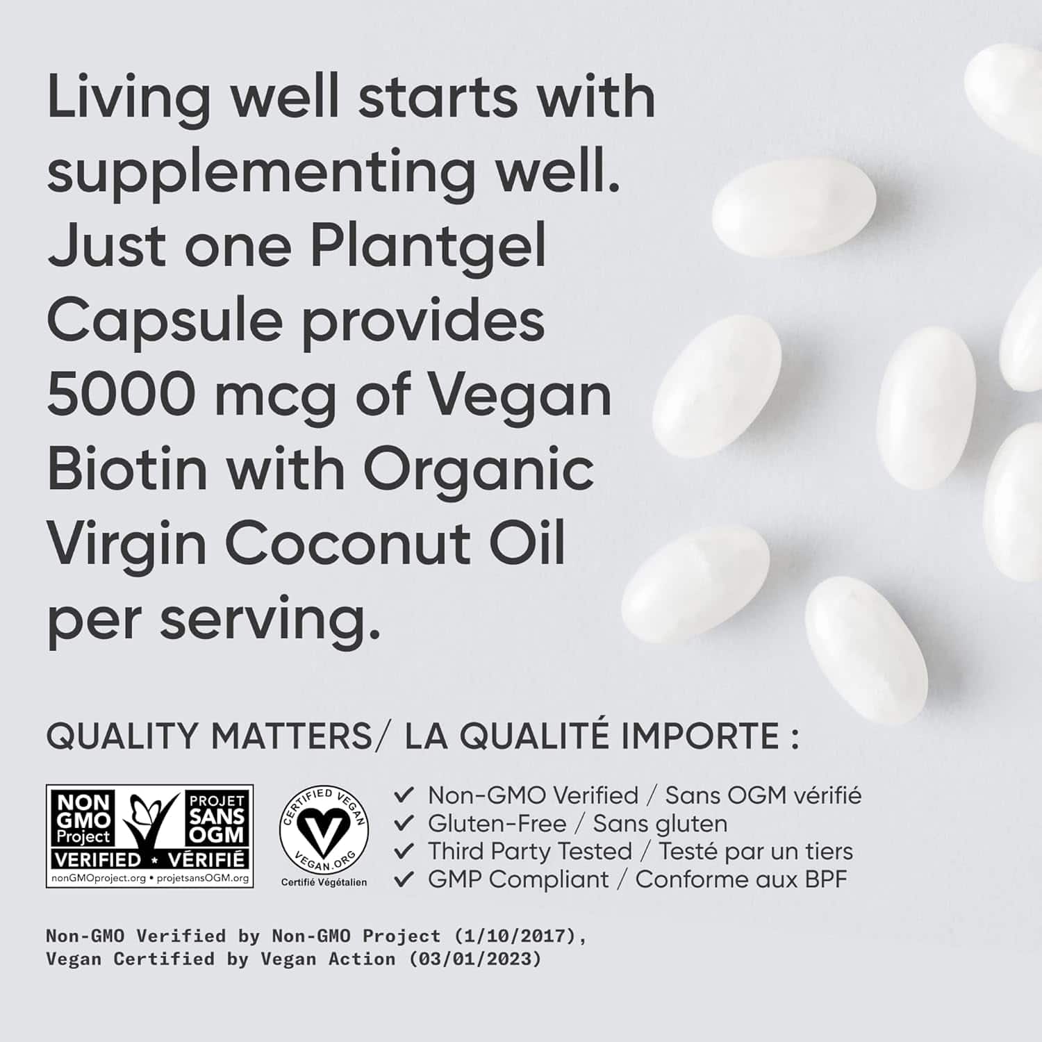 White capsules with text about Plantgel Capsules and their benefits on a light gray background.