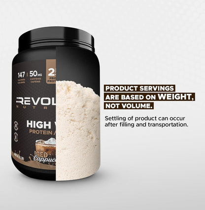 Revolution Nutra protein powder container with text about product servings.
