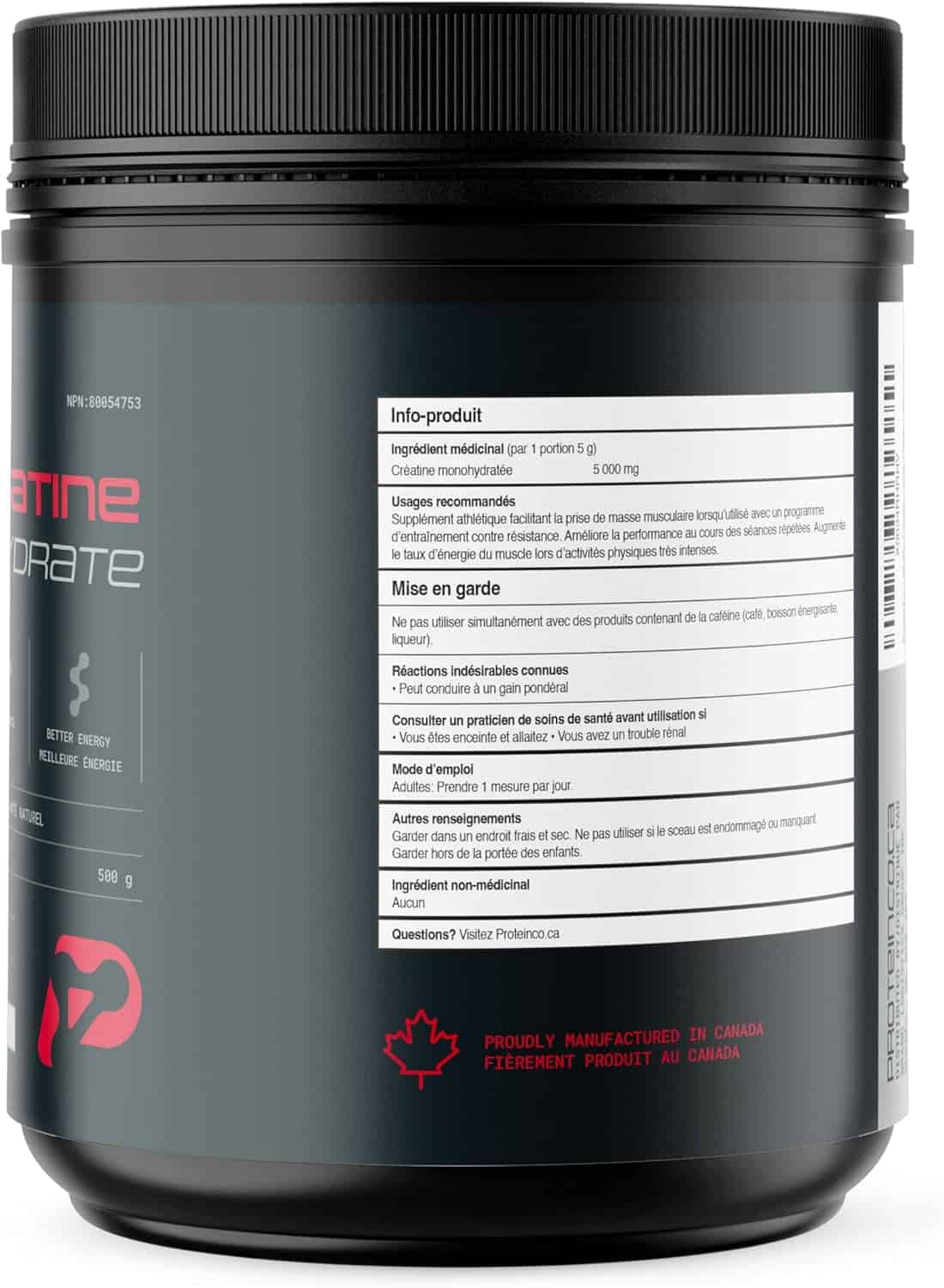 Black supplement container with red and white text on a white background