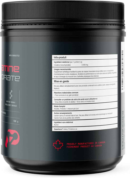 Black supplement container with red and white text on a white background