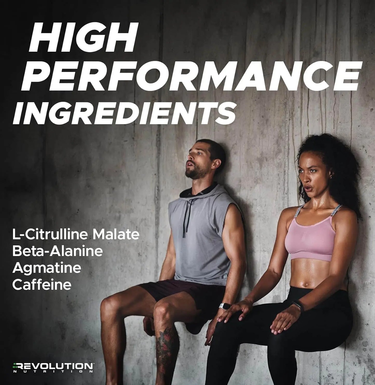 Two people sitting against a concrete wall with text about high performance ingredients.