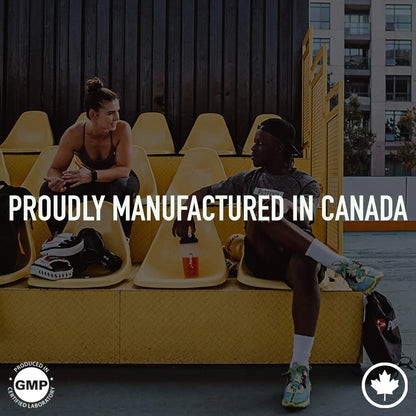 Two people sitting on yellow chairs with text 'Proudly Manufactured in Canada' and logos.