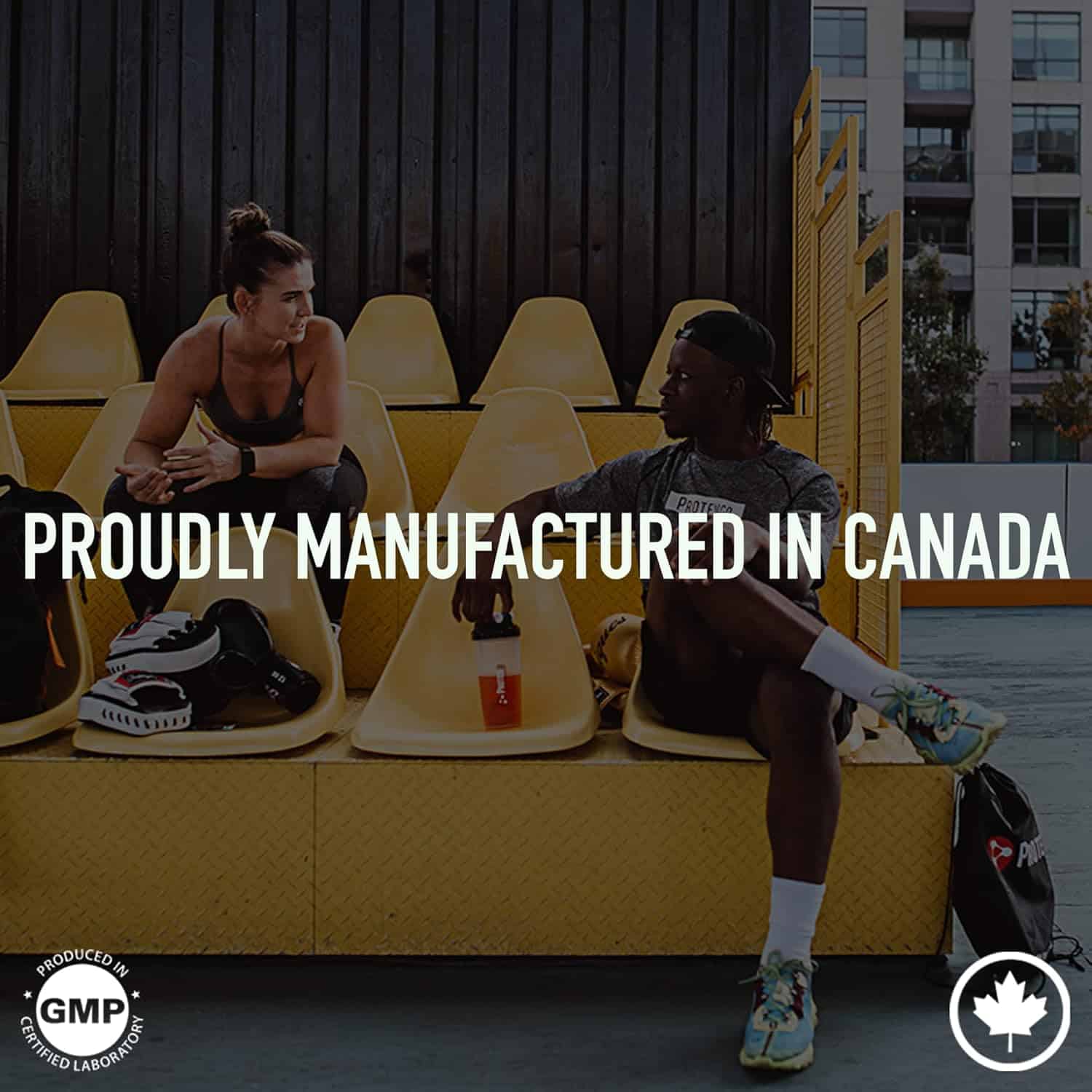 Two people sitting on yellow chairs with text 'Proudly Manufactured in Canada' and logos.