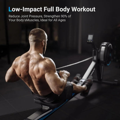 Man using a rowing machine with text about low-impact full body workout benefits.