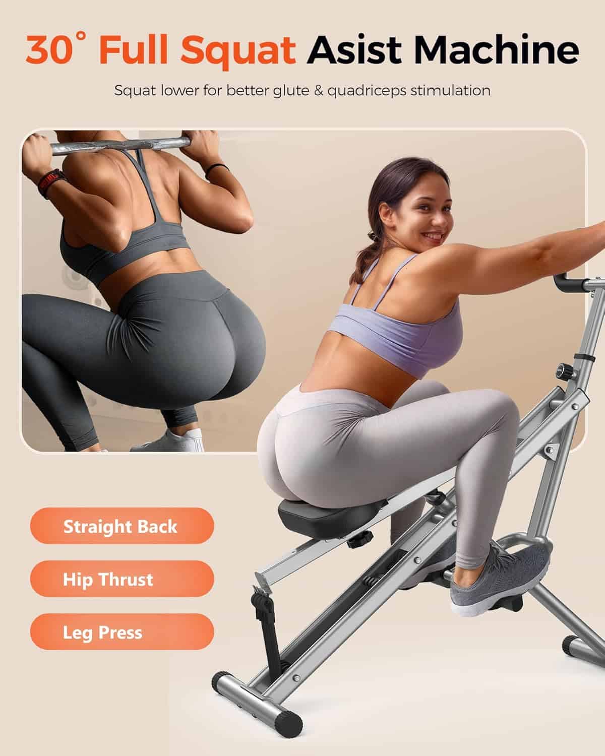 Woman using a 30° Full Squat Assist Machine with text and options on a beige background