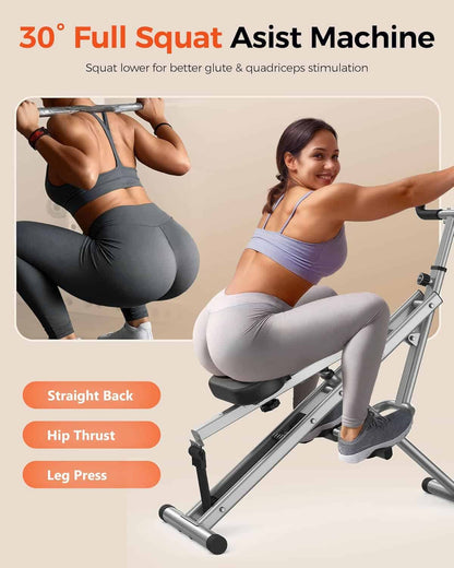 Woman using a 30° Full Squat Assist Machine with text and options on a beige background