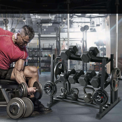 Man working out with dumbbells in a gym setting