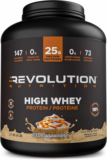 Protein powder container with Revolution Nutrition branding on a black background