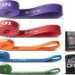 Set of CFX resistance bands in various colors with packaging on a white background