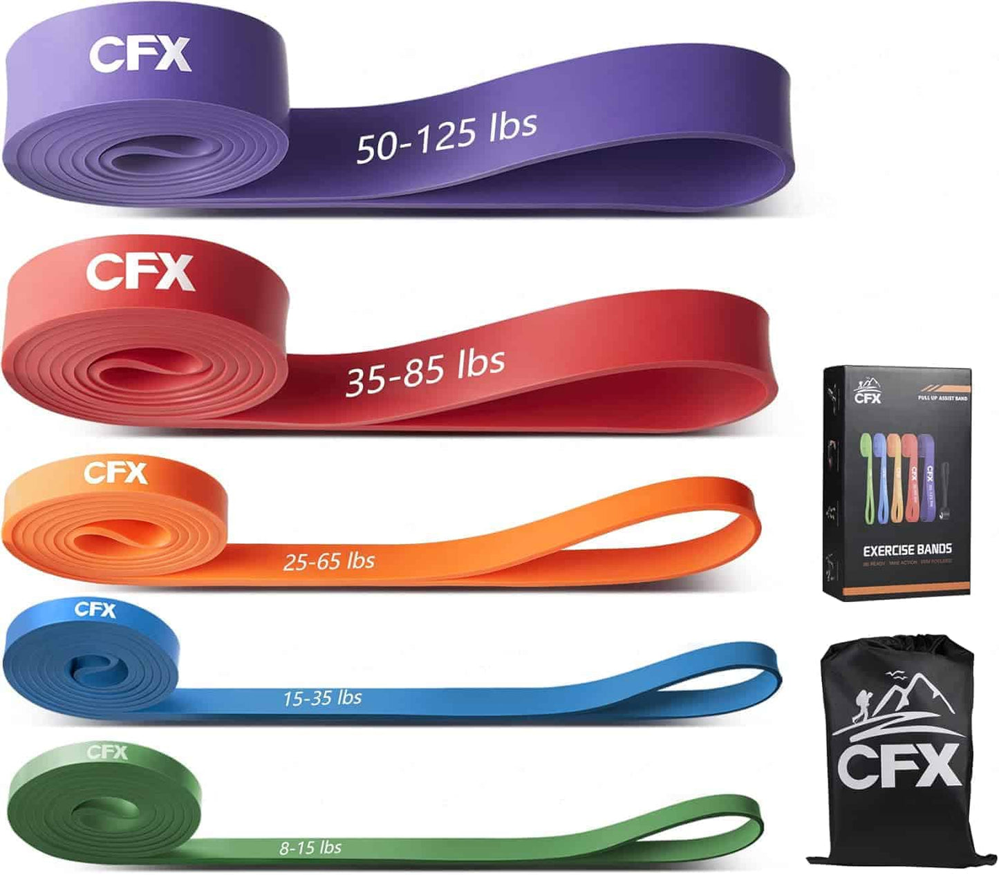 Set of CFX resistance bands in various colors with packaging on a white background