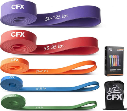 Set of CFX resistance bands in various colors with packaging on a white background