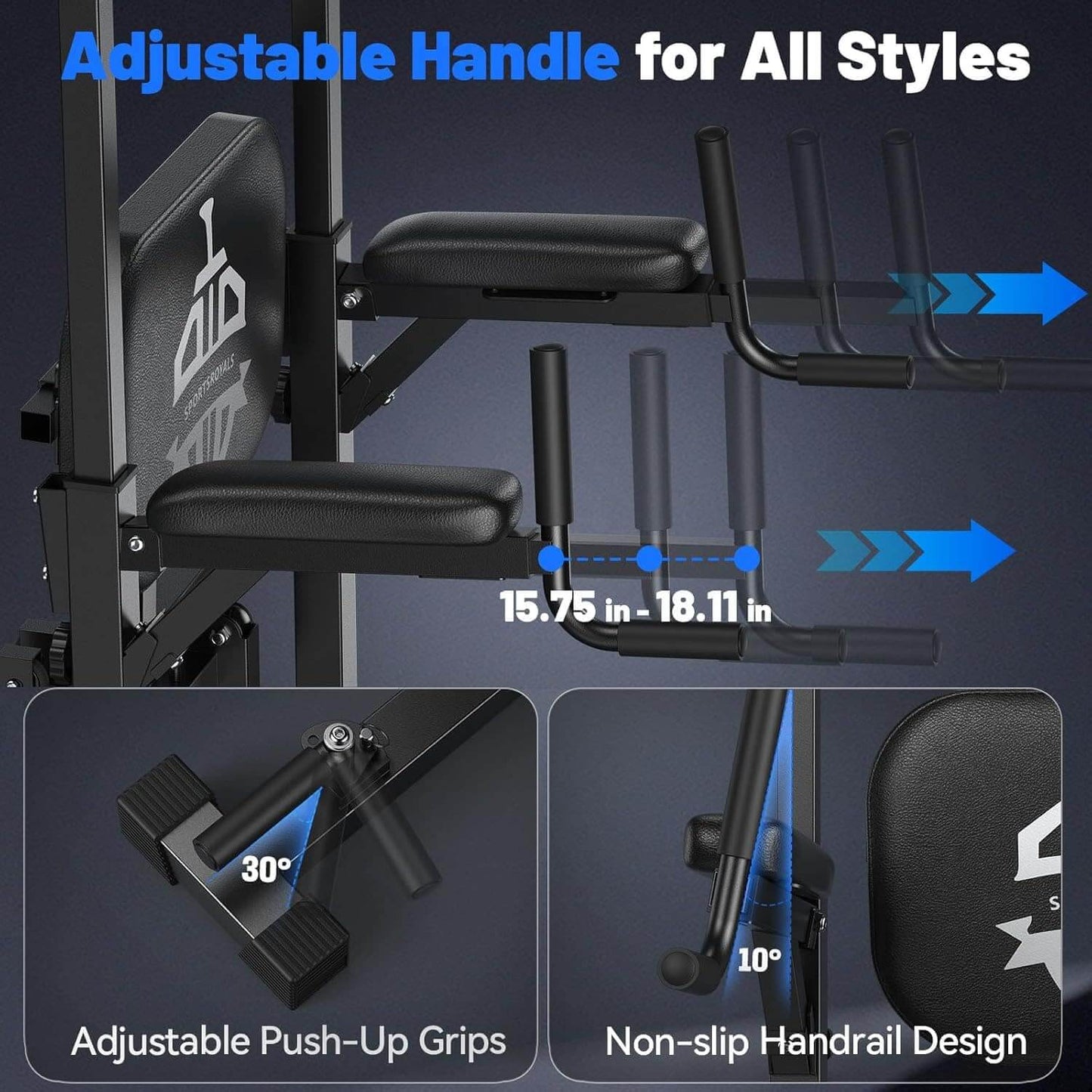 Gym equipment with adjustable handle, push-up grips, and handrail design on a dark background.