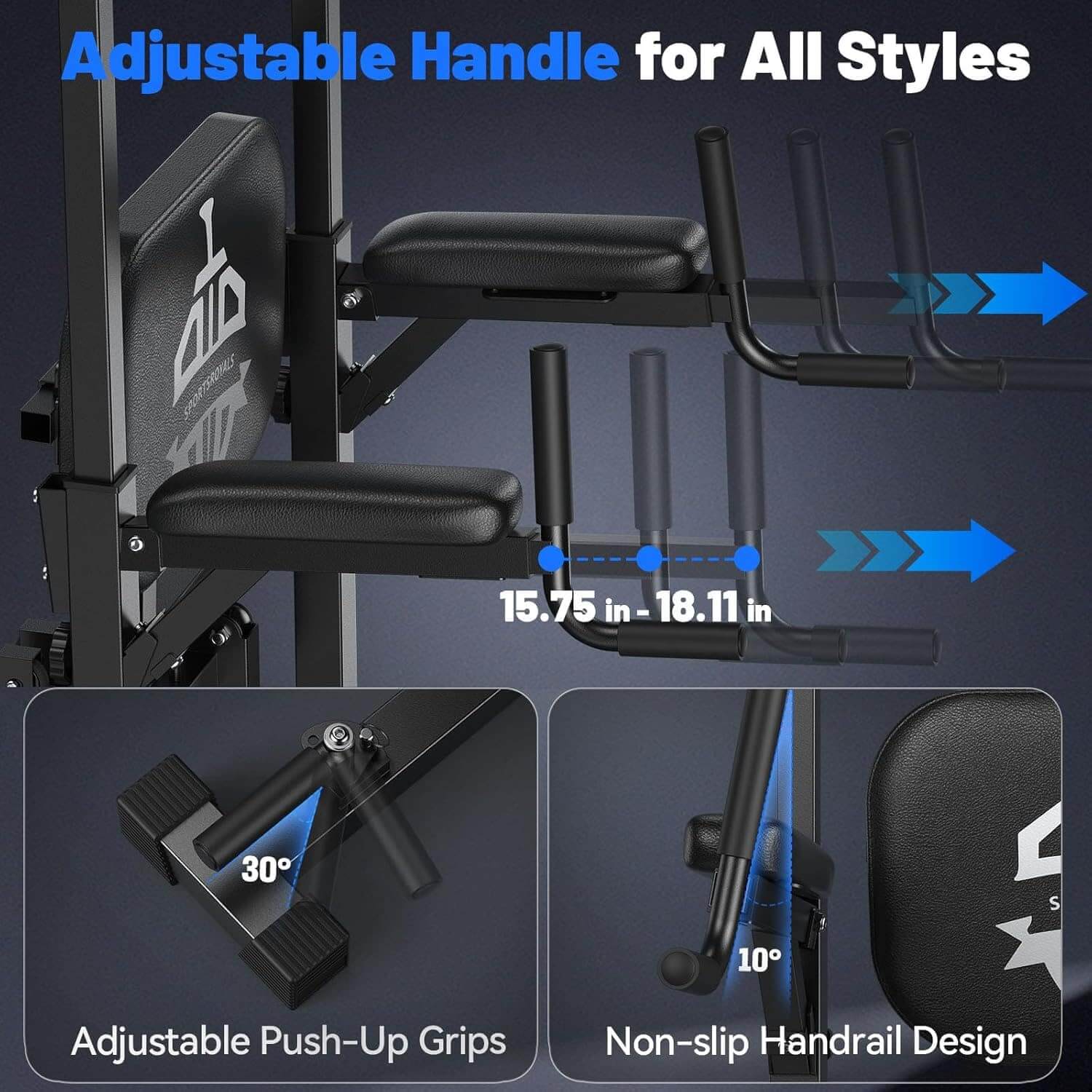 Gym equipment with adjustable handle, push-up grips, and handrail design on a dark background.