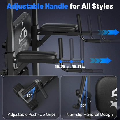 Gym equipment with adjustable handle, push-up grips, and handrail design on a dark background.