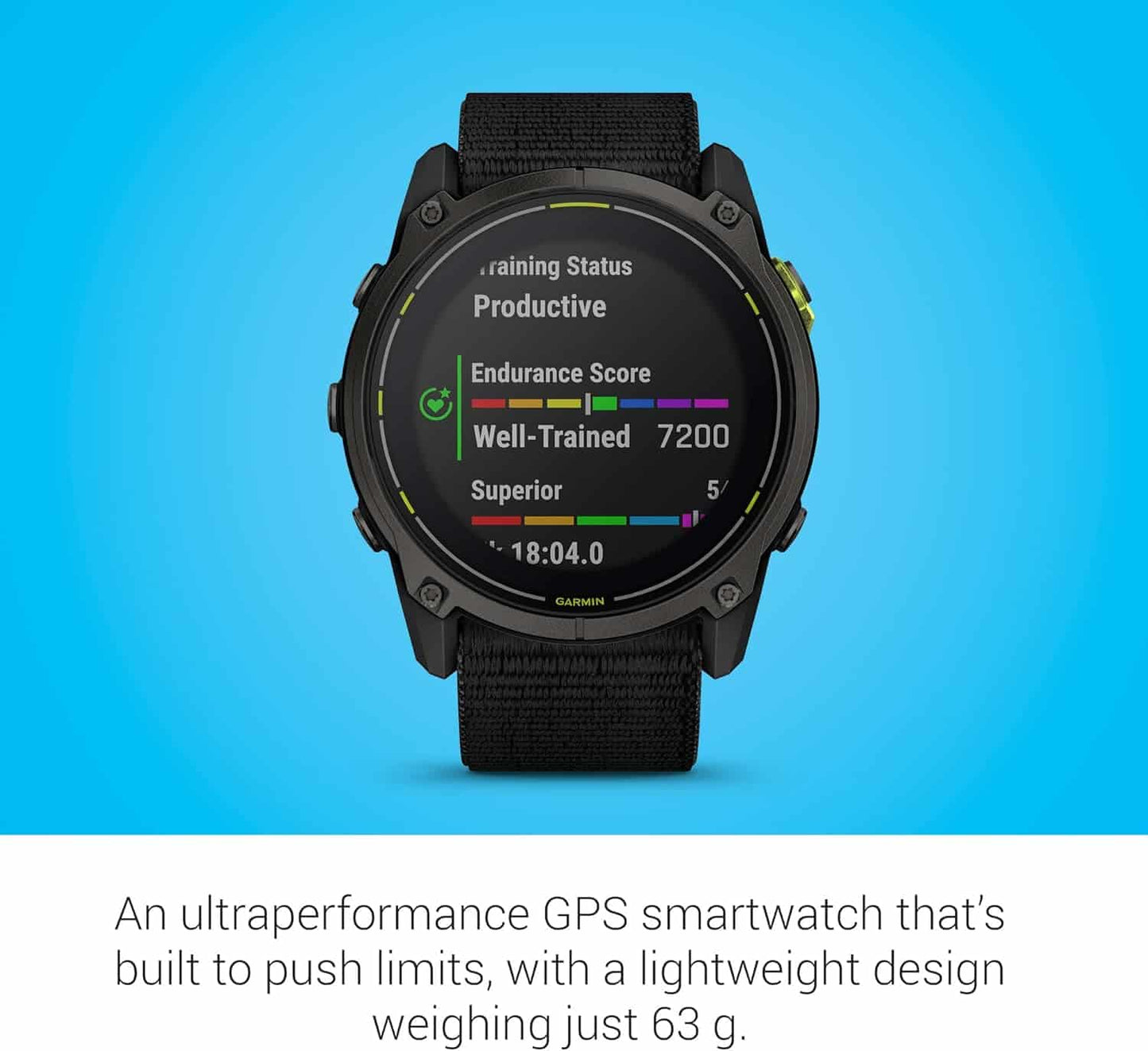 Garmin ultraperformance GPS smartwatch on a blue background with text describing its features.
