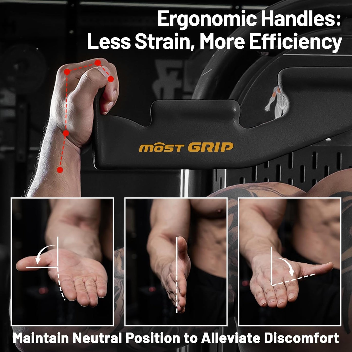 Ergonomic handle with 'most GRIP' branding, showing hand placement and strain alleviation.