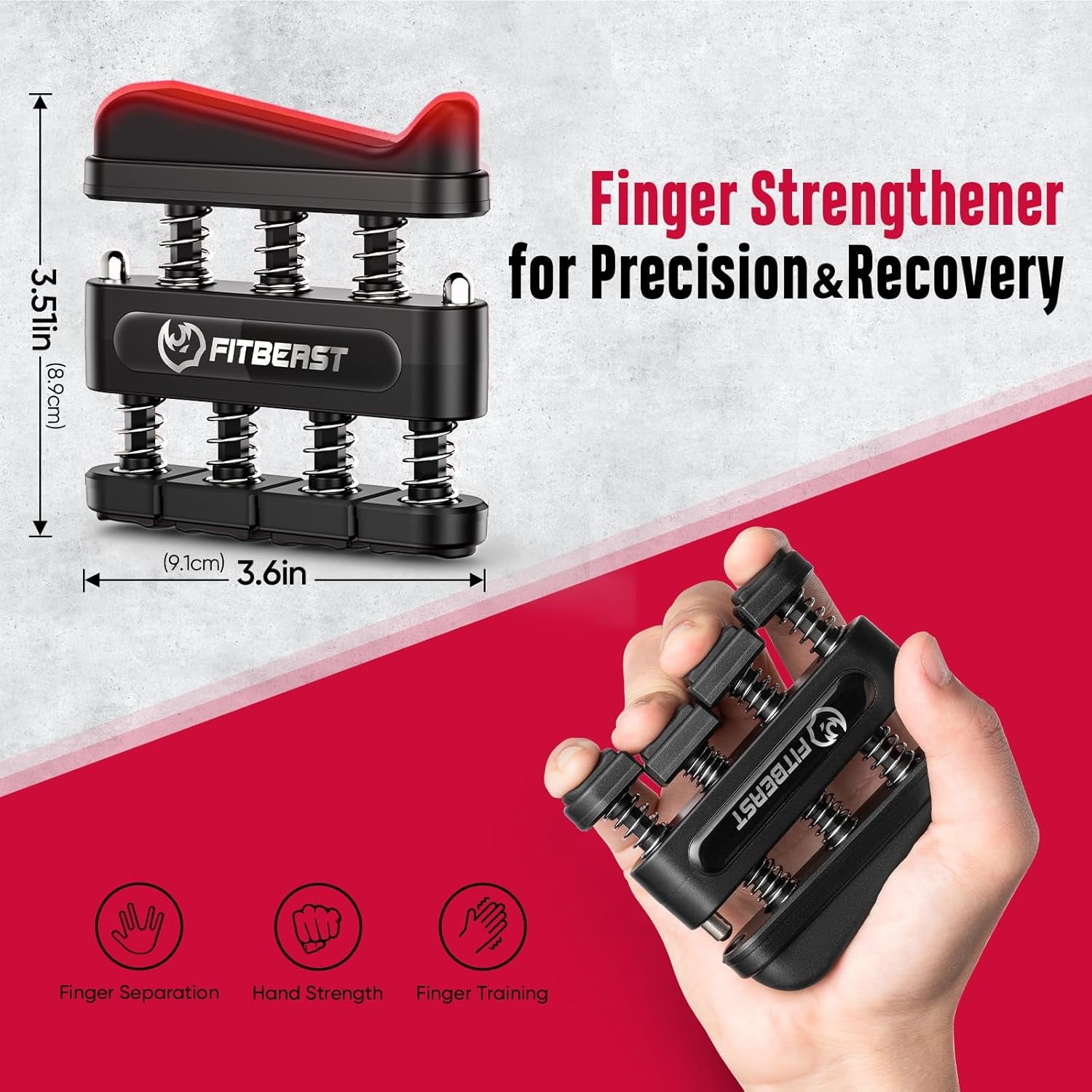 FitBeast finger strengthener with dimensions and usage benefits on a red and gray background