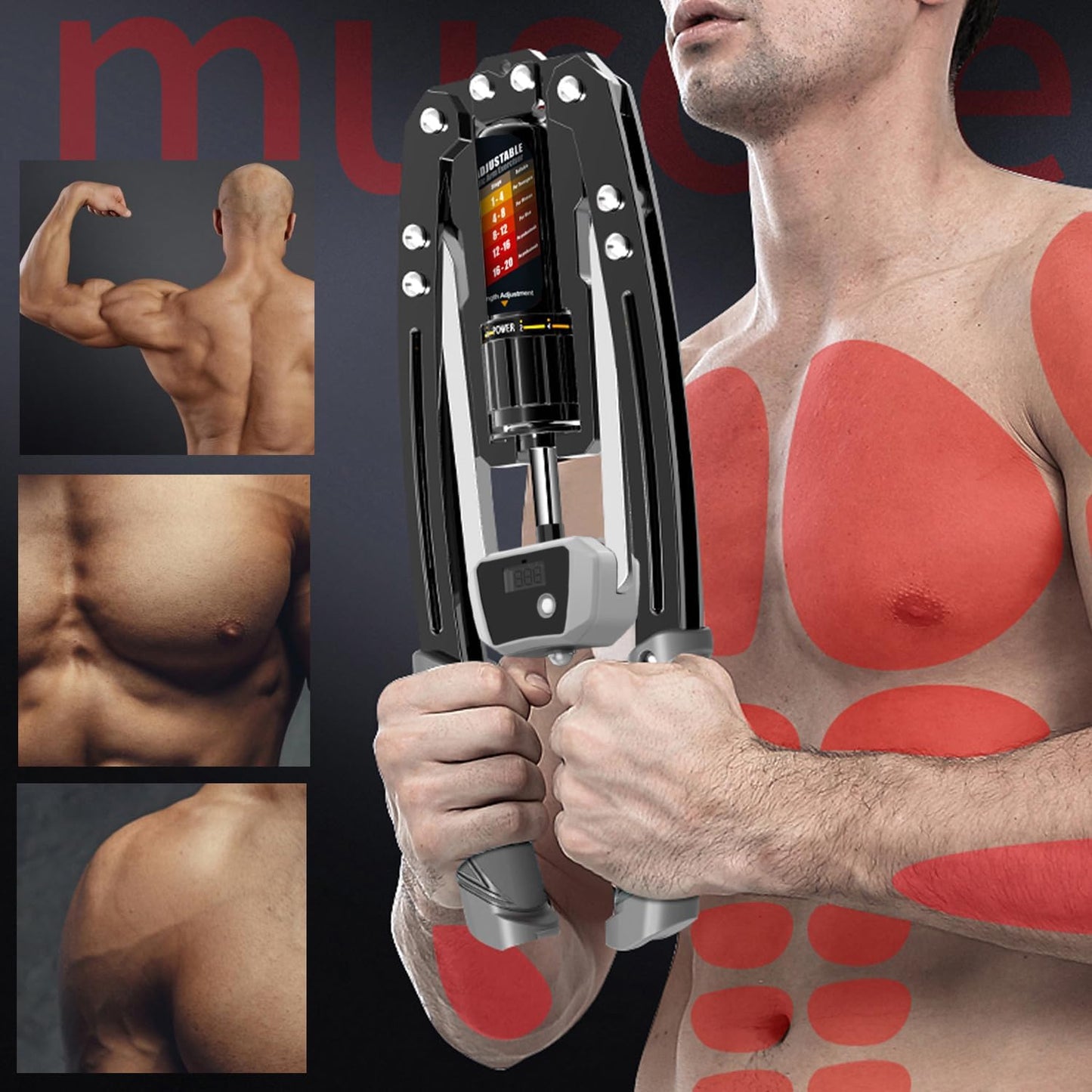 Person holding a muscular training device with muscle map and close-ups of muscles on a dark background.