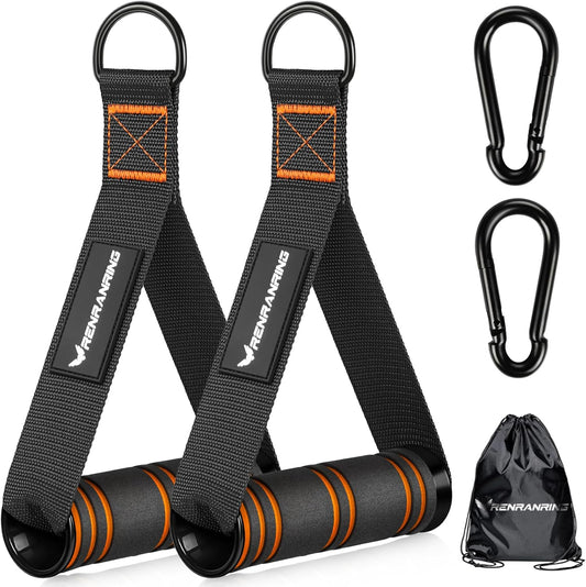 Black and orange resistance band set with carabiners and drawstring bag on a white background