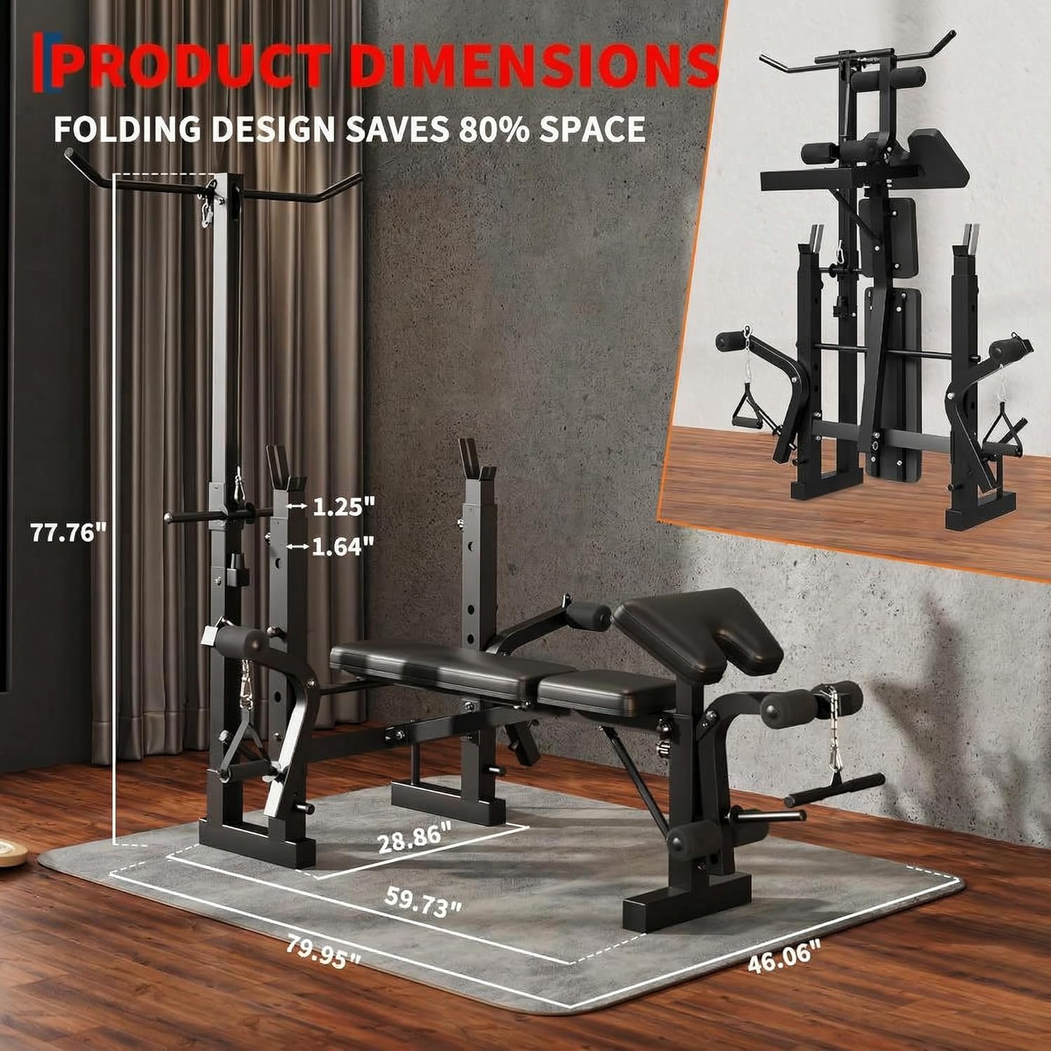 Compact gym setup with folding design on a wooden floor, showing product dimensions.