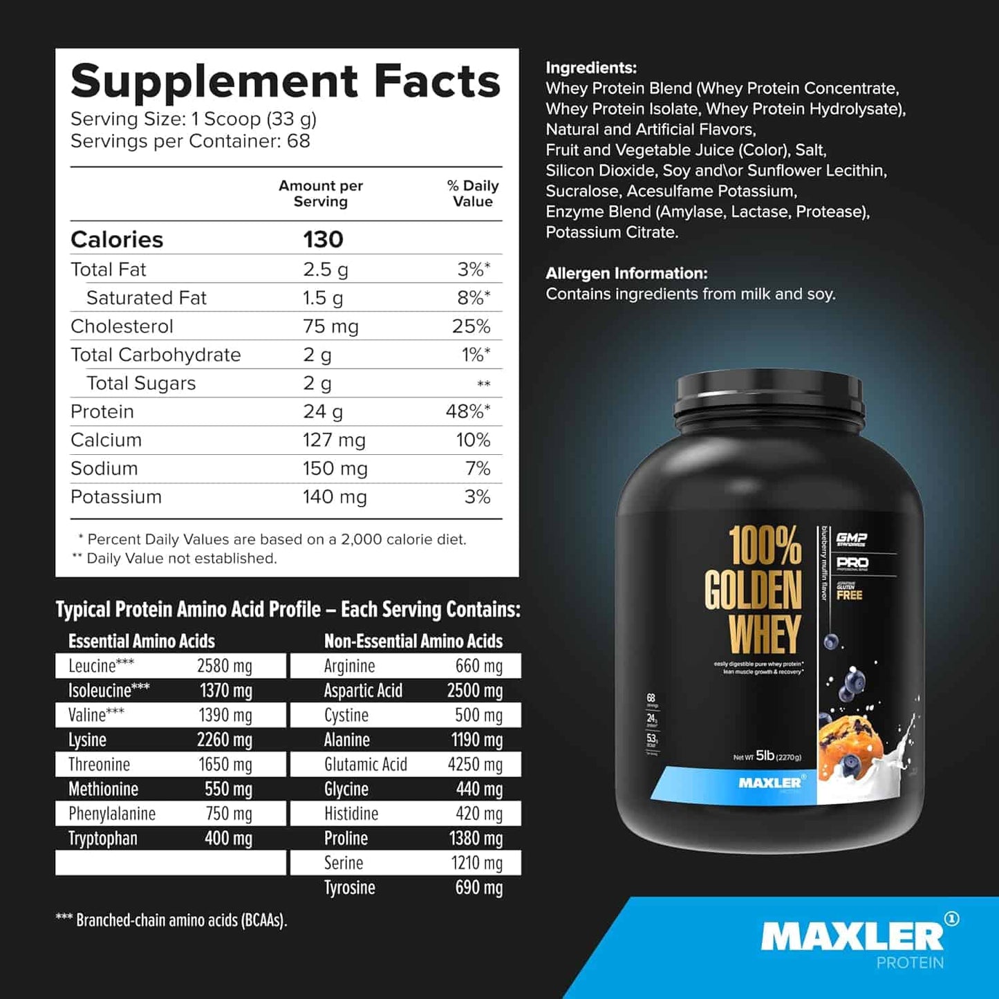 Maxler protein supplement with nutritional facts and ingredients list on a black background