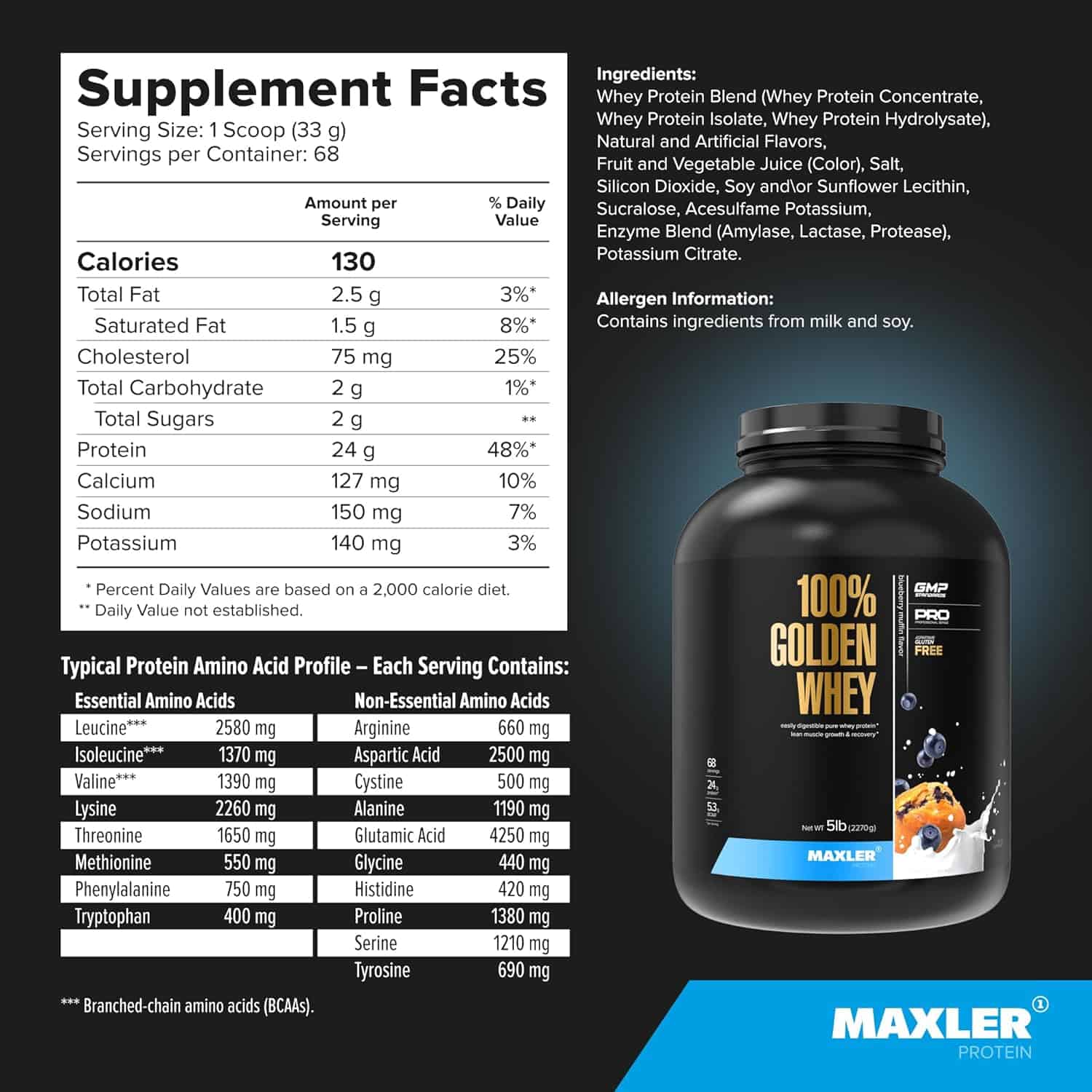 Maxler protein supplement with nutritional facts and ingredients list on a black background