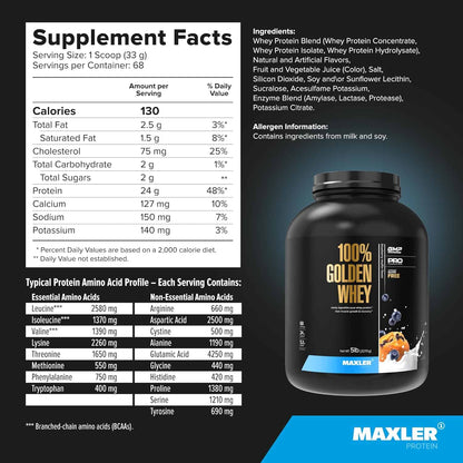 Maxler protein supplement with nutritional facts and ingredients list on a black background