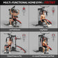 Multi-functional home gym with various exercises demonstrated on a gray background