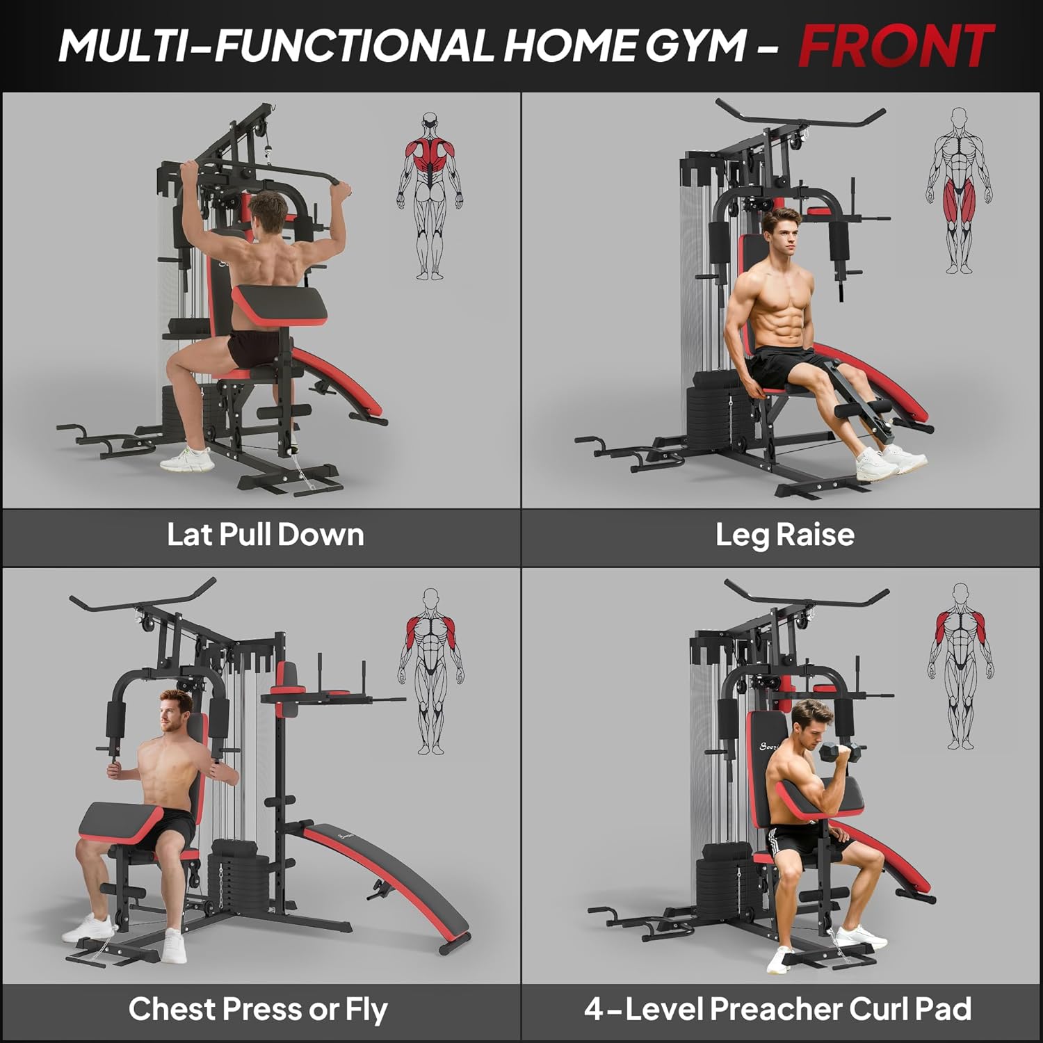 Multi-functional home gym with various exercises demonstrated on a gray background