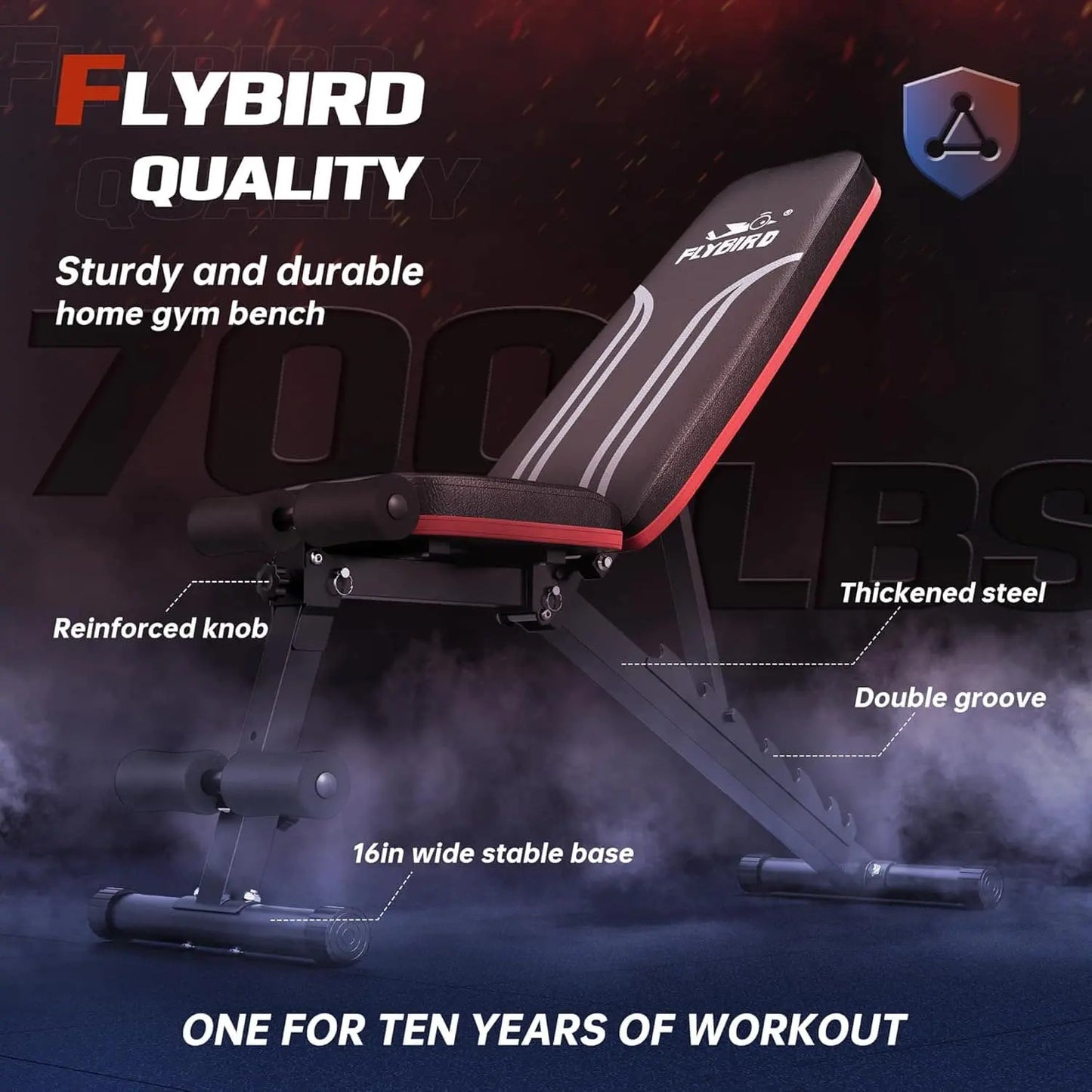 Flybird home gym bench with features highlighted on a dark background