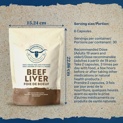 Beef liver supplement package with serving size and product details on a textured background