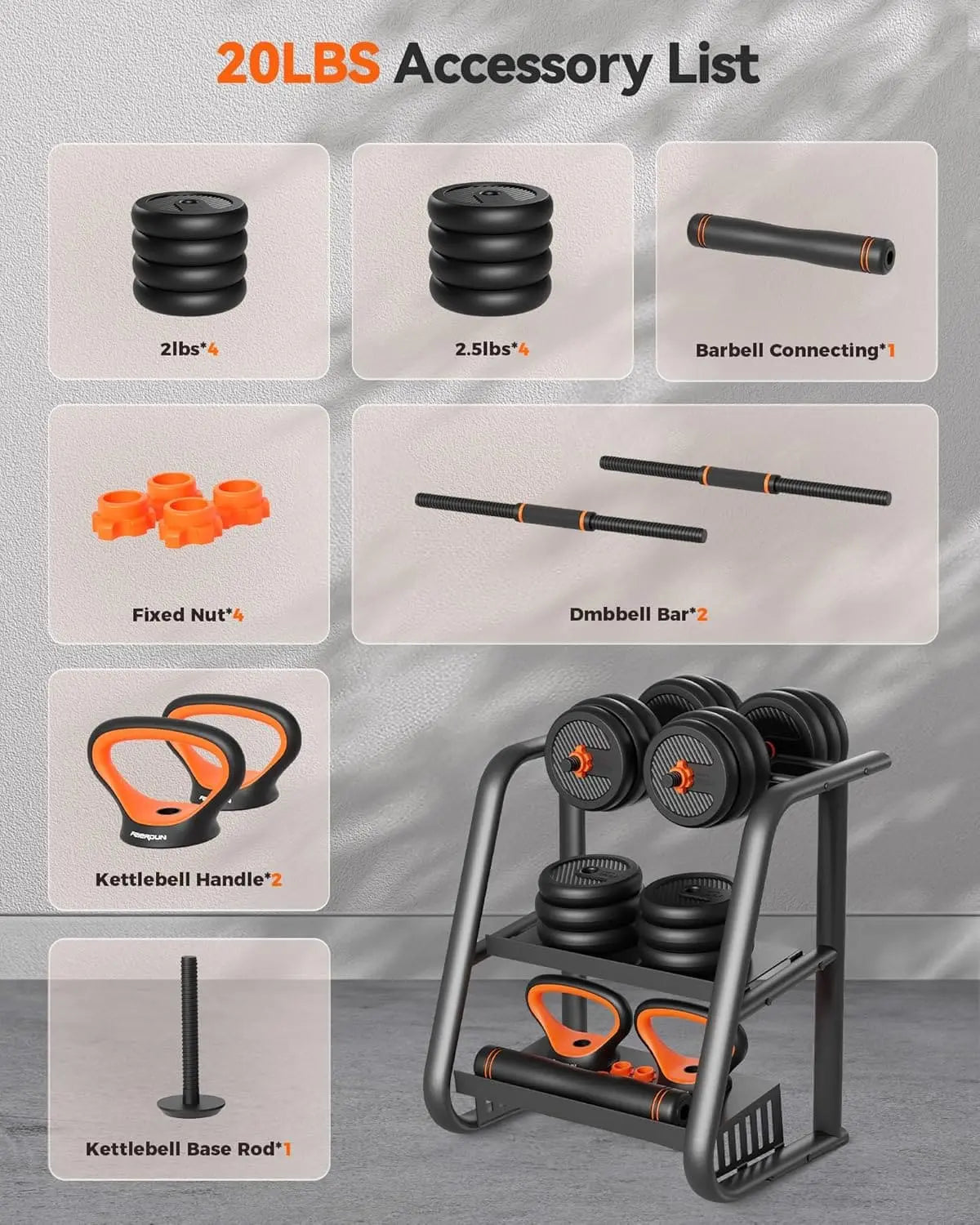List of gym accessories including weights, bars, and stands on a gray background