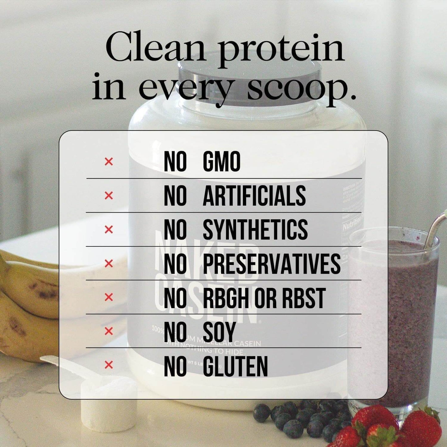 Protein powder container with health benefits listed and a smoothie with fruits in the background.