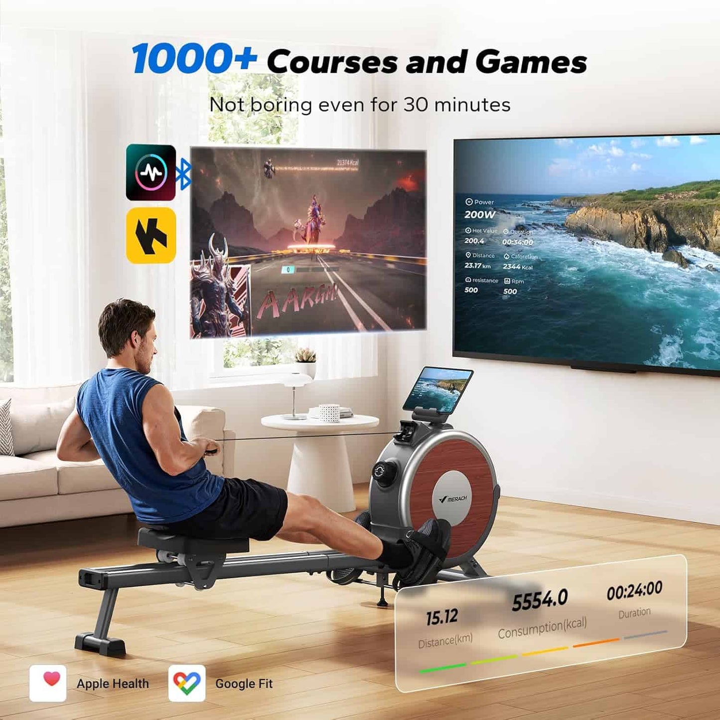 Person using a rowing machine with fitness and entertainment display in a home setting