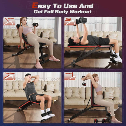 Multifunctional workout bench being used for various exercises in a living room setting.