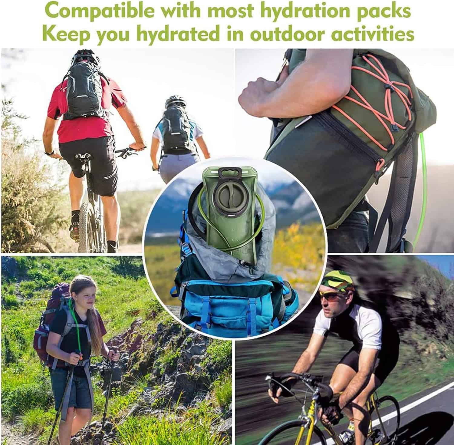 Collage of people outdoors with hydration packs and water bottles, emphasizing compatibility and use in outdoor activities.