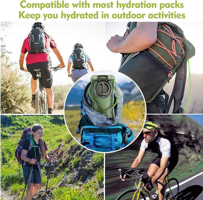 Collage of people outdoors with hydration packs and water bottles, emphasizing compatibility and use in outdoor activities.