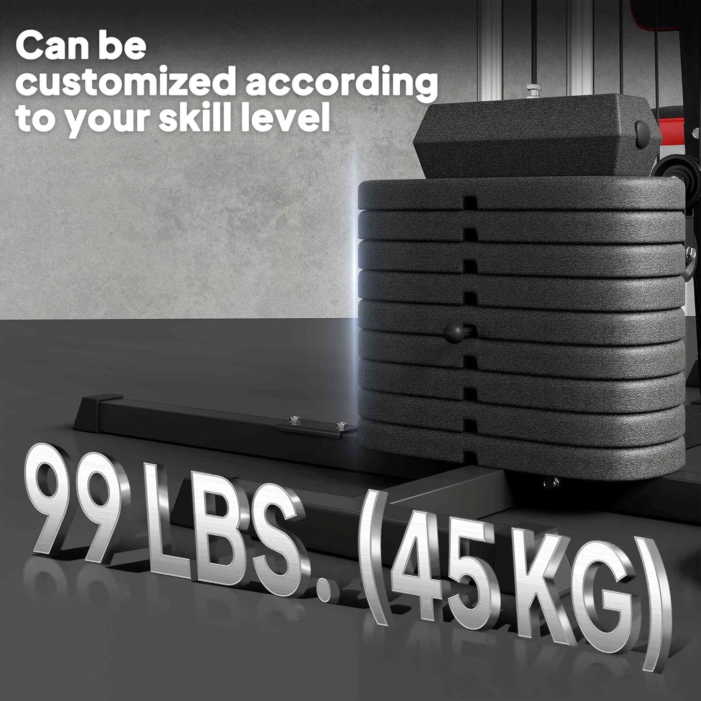 Stack of weight plates with text indicating customizable weight and weight capacity.